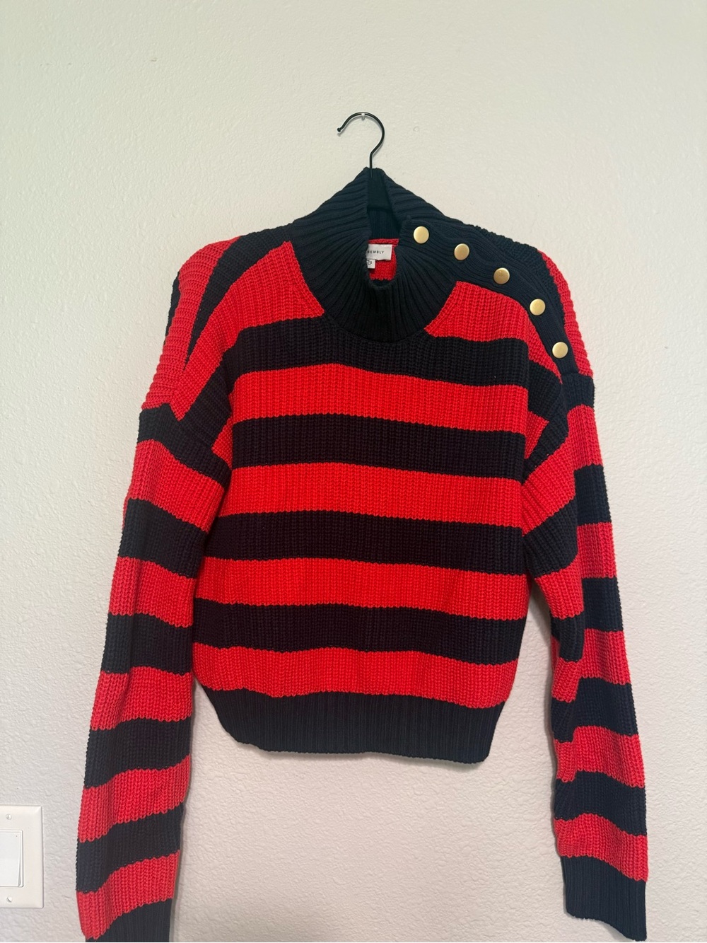 Button-Shoulder Red & Black Striped Crewneck Sweater